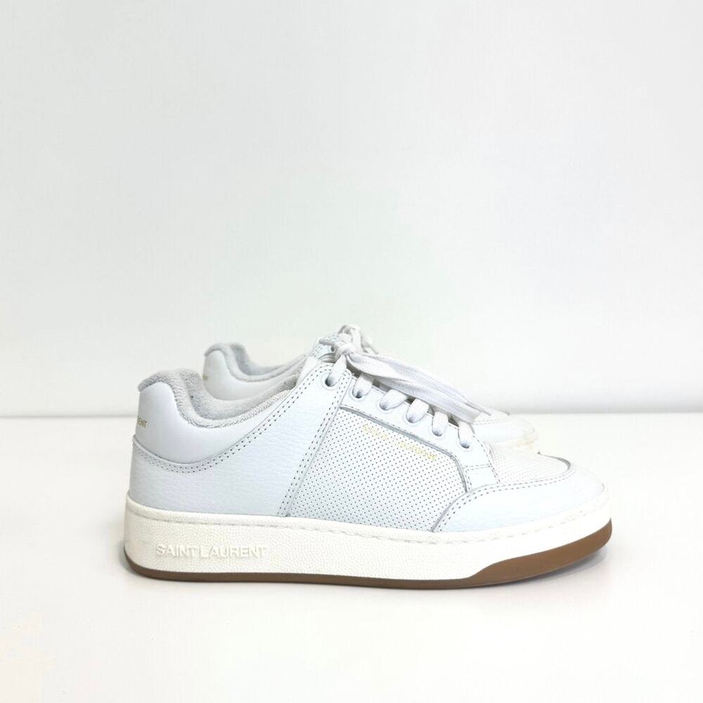 SAINT LAURENT SL61 Optic White Perforated Leather Low Top Sneaker 37.5 Gold Logo